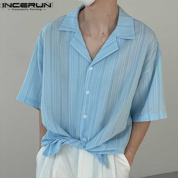 

men's casual shirts 2023 men striped shirt lapel short sleeve button casual men clothing streetwear summer korean style loose shirts s-, White;black