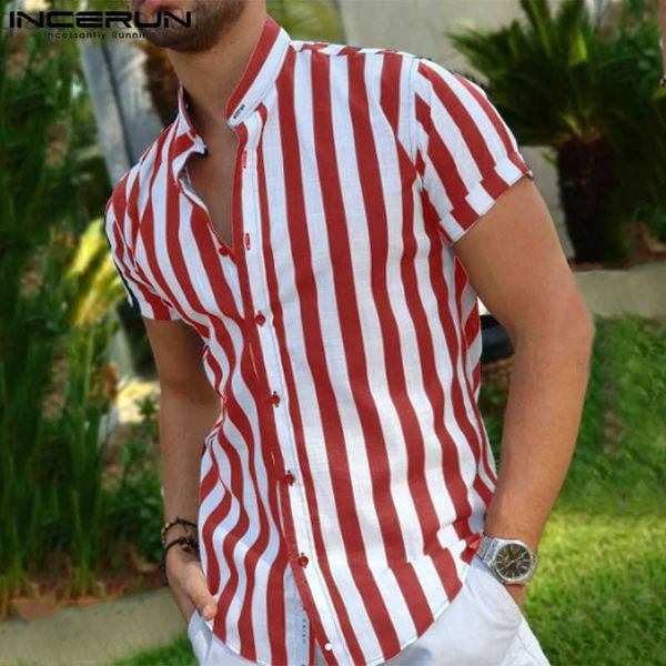 

men's casual shirts 2023 men striped shirt stand collar streetwear button short sleeve casual camisas summer fashion men clothing l2307, White;black