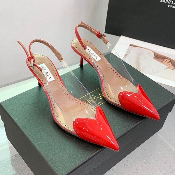 

kitten-heel slingback pumps shoes patent leather love shaped decoration soft padded evening point toe heels sandals women heeled luxury desi, Black