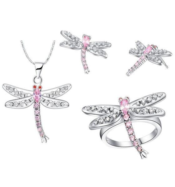 

mujer for women gift silverjewelry pentend earring ring 925 sterling silver custom highend american crystal dragonfly set pink6623778, Slivery;golden