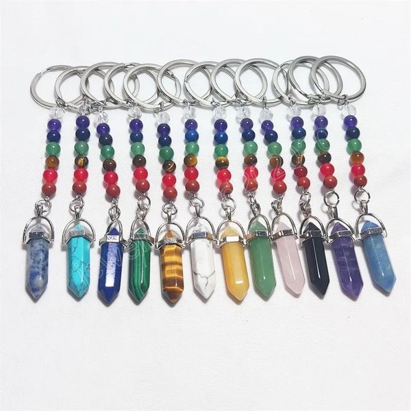 

fashion hexagon prism key rings 7 colors natural stone beads chain pendant keychain natural quartz stones pink crystal keychains, Slivery;golden