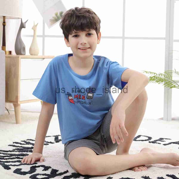 

pajamas teenager boy girl pajamas set kids summer stripe cotton sleepwear short sleeve birthday gift school loungewear 7-16y x0721, Blue;red