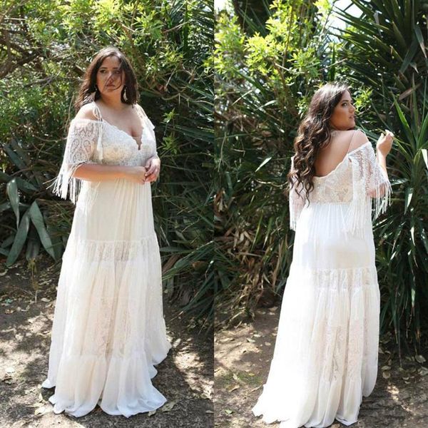 

boho lace wedding dress plus size bohemian tassel short sleeve off shoulder floor length bridal gowns 2020 garden custom size plus315z, White