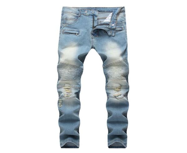 

men distressed ripped jeans fashion designer straight motorcycle biker jeans causal denim pants streetwear style mens jeans cool m8947736, Blue