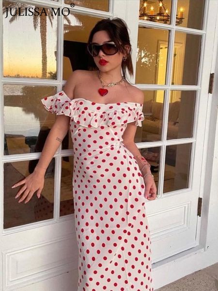 

basic casual dresses julissa mo polka dot ruffles bandage maxi dress women off shoulder slim elegant party dress summer beach holiday sundre, Black;gray
