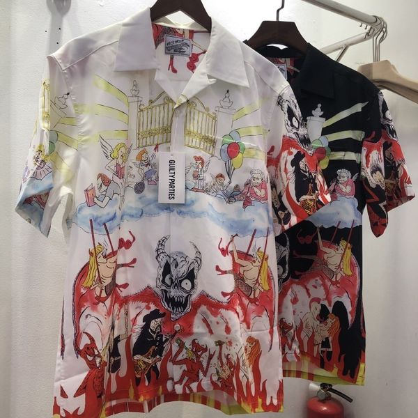 

mens casual shirts wacko maria men women lapel print loose hawaiian short sleeve black white shirt 230720, White;black