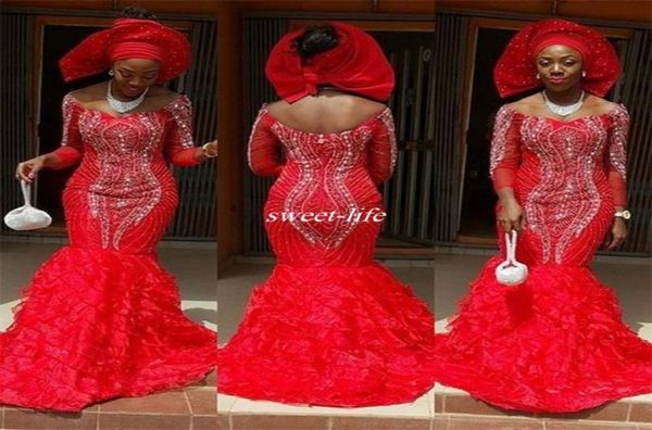 

aso ebi style long sleeve women formal evening dresses 2019 off the shoulder ruffles train crystals arabic plus size mother gowns 9845576, Black;red