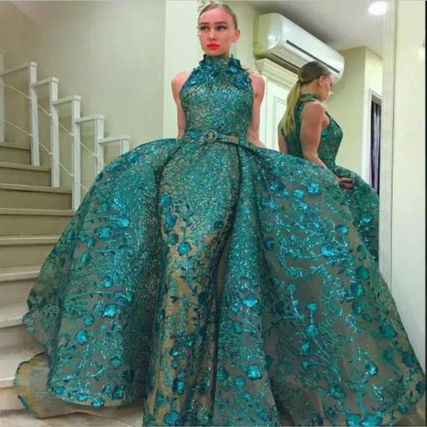 

hunter green overskirts mermaid prom dresses high neck lace appliqued sequined formal evening gowns custom made plus size dress182a, Black