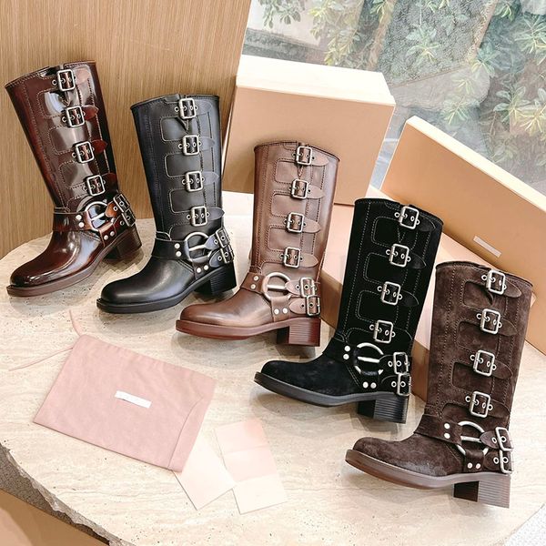 

harness belt buckled cowhide leather biker knee boots chunky heel zip knight boots fashion square toe ankle booties women's luxury desi, Black