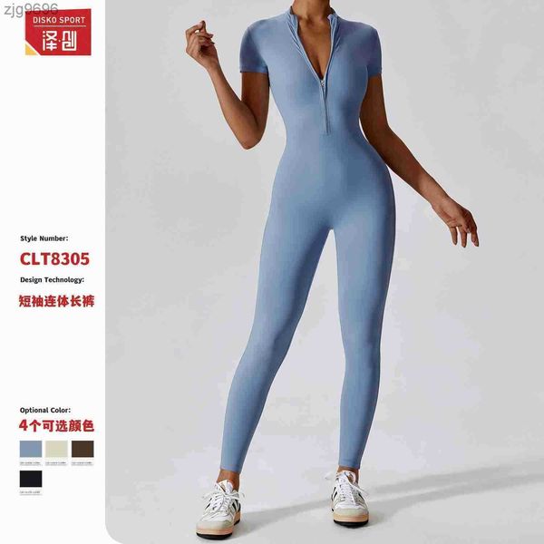 

designer zechuang zipper short sleeve nude yoga boilersuit women wear fitness sports bodysuit 8305, White
