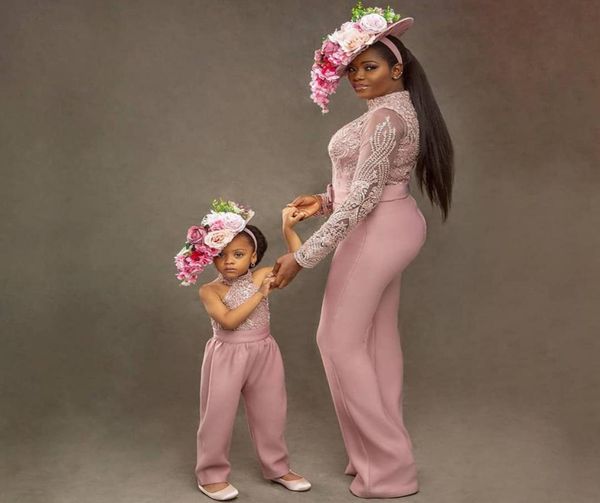 

2022 jumpsuit mother and daughter party dresses lace applique zipper back long pant suits kids formal wear6411516, White;blue