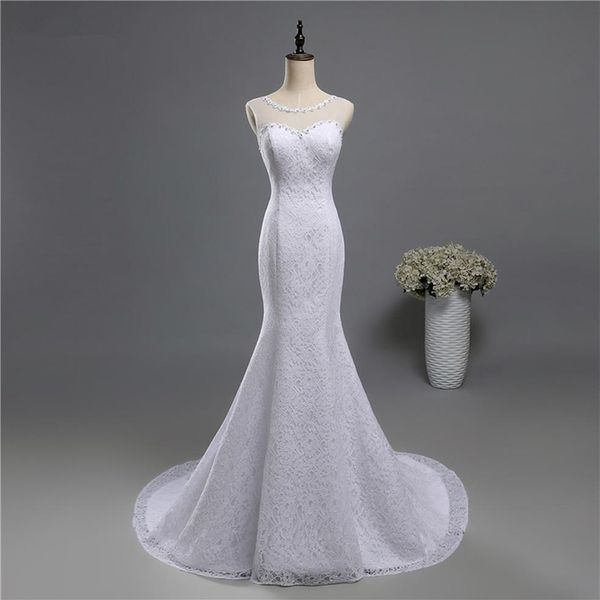 

scoop neck lace mermaid wedding dress with sweep train 2019 lace up bridal gown white ivory235w