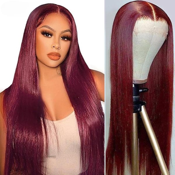 

99j burgundy brazilian straight hair 13x4 lace front human hair wigs red colored pre-plucked lace frontal wigs for women, Black;brown