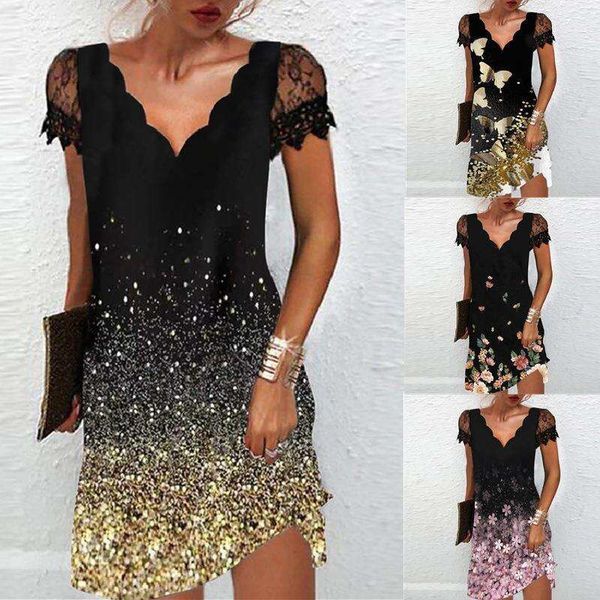 

womens clothing orientated print v neck lace short sleeve dress, Black;gray