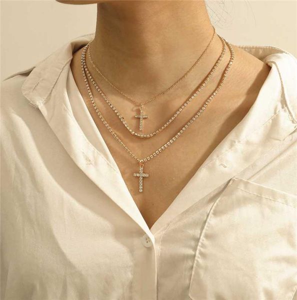 

new fashion crystal cross pendant necklace for women charming statement tennis chain choker crystal collar girls hip hop jewelry4477087, Silver