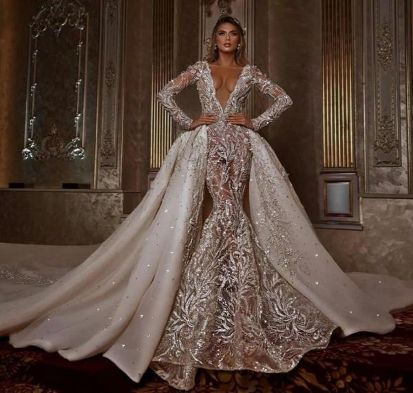 

2021 white mermaid wedding dresses with detachable train ruffles lace appliqued bridal gowns plus size vestidos de novia 03315975110
