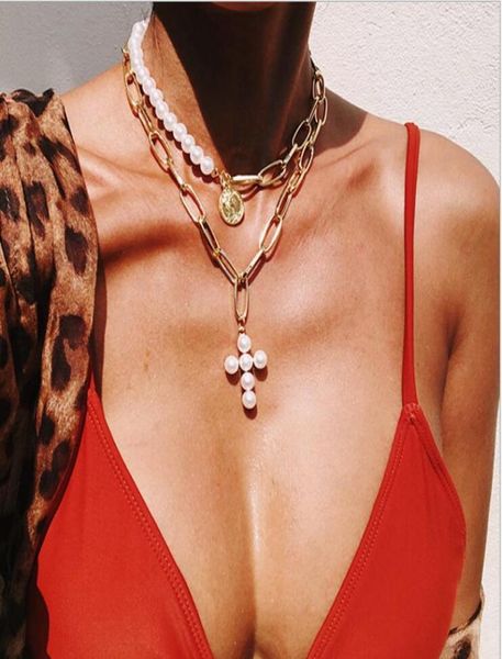 

luxury design imitation pearls choker necklace female cross pendant necklaces for women gold color 2021 fashion coin jewelry8059433, Silver