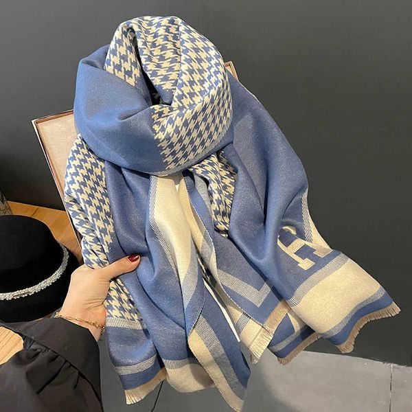 

brand designer h home woof winter scarf 2023 new korean houndstooth women's double sided versatile cashmere thickened girth fashion sha, Blue;gray