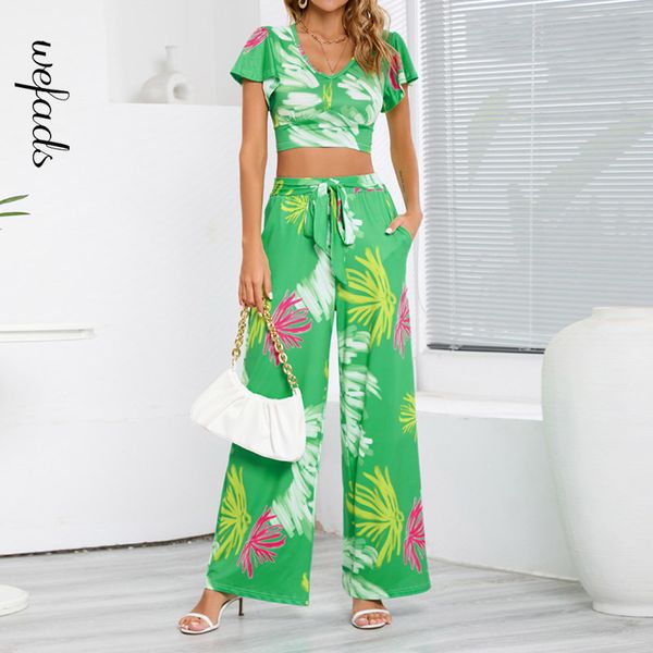 

womens two piece pants wefads women two piece sets summer printed v neck short sleeve nipped waist loose tie up wide legs pants sets streetw, White