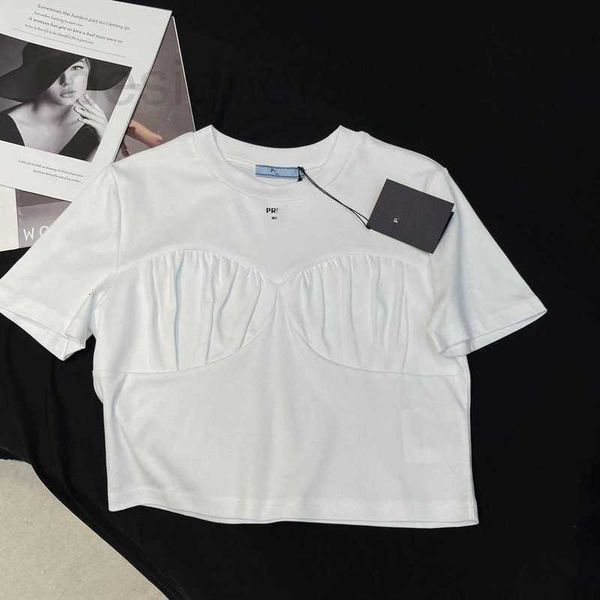 

women's t-shirt designer summer new commuter style simple and slim, reduced age, folded decoration letter round neck short sleeve t-shi, White