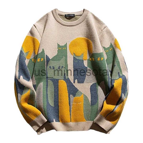 

men's sweaters japanese harajuku knitted sweater men women cartoon full cat print pullover vintage causal loose sweaters streetwear aut, White;black