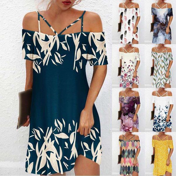 

womens summer skirt off shoulder print dress, Black;gray