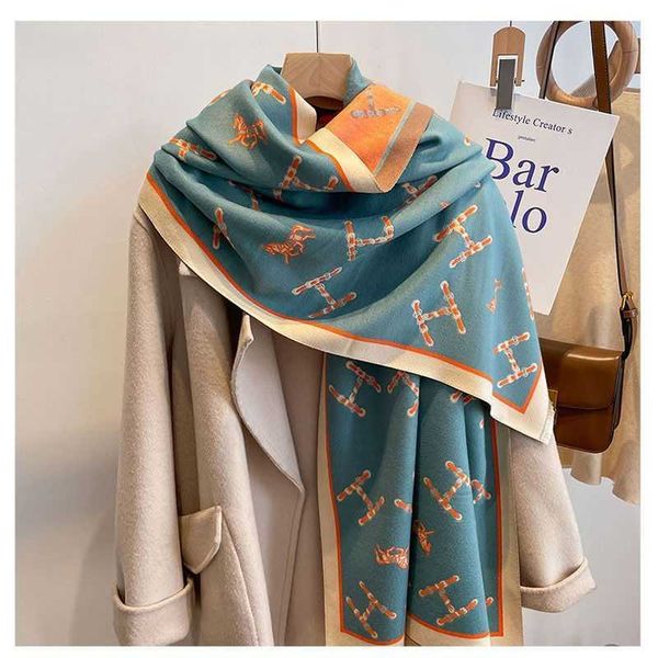 

luxury h home womens scarves online store family letter junma high end imitation cashmere scarf winter korean version thick air conditioned, Blue;gray