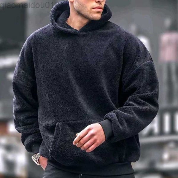 

men's hoodies sweatshirts new fashion solid fleece hooded men sweatshirt casual long sleeve loose drawstring hoodies for mens autumn wi, Black