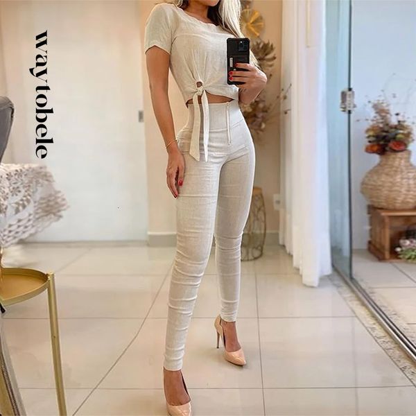 

women s two piece pants waytobele women set summer casual solid round neck lace up short sleeve sim with pockets sets streetwear 230720, White
