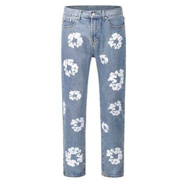 

men's jeans high street denim tears style kapok washed straight fashion vintage loose pants mz, Blue
