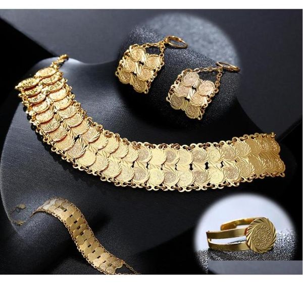 

exquisite fashion middle east arab bride muslim coin necklace earring ring bracelet set gold color wedding jewelry accessories cqd7239711, Slivery;golden