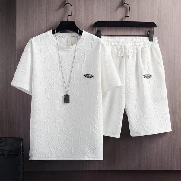

men s tracksuits summer tshirt shorts 2 pieces set men vintage streetwear short sleeves loose letter applique drawstring sets outfits 230721, Gray