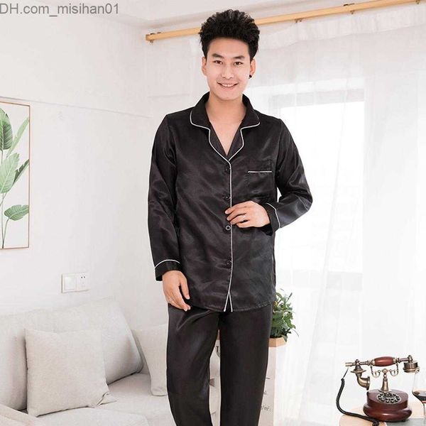 

men's sleepwear silk satin men's pajamas set fashion pajamas couple solid color long sleeved set casual two-piece autumn elastic p, Black;brown