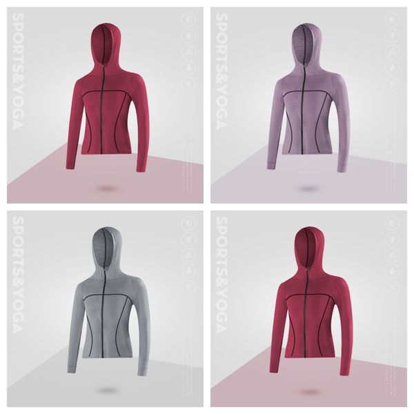 

creative double dye yoga coat solid hooded sweater zipper cardigan casual sports coat yoga coat top, White;red