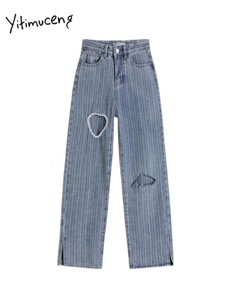 

women s jeans yitimuceng ripped for women 2023 streetwear blue high waisted vintage loose straight full length wide leg 230720
