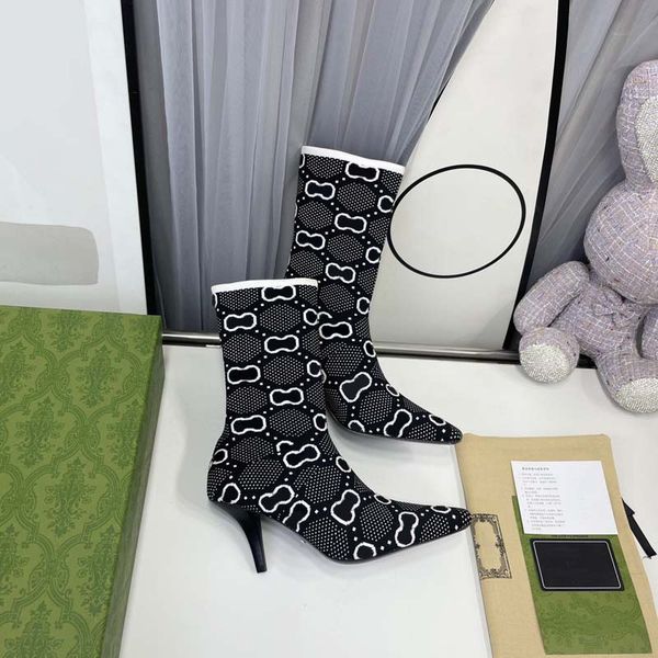 

new autumn and winter brand women's designer black boots martin boots long boots leather boots pointed high heels elastic short boots s