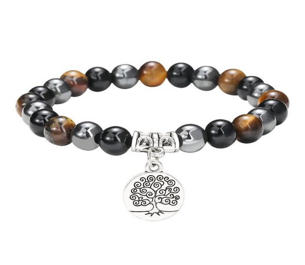 

new 6mm 8mm natural stone beaded couples bracelet black agate tiger eye hematite energy beads life tree charm bracelet jewelry fit6114515, Golden;silver