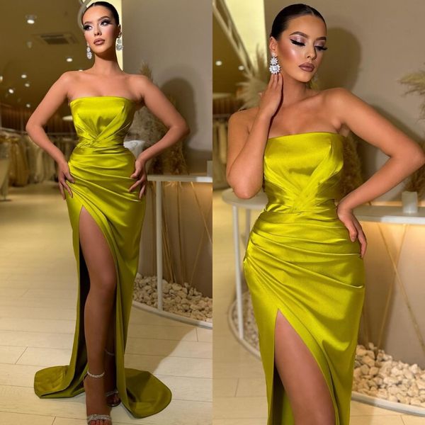 

chic green prom dresses strapless evening gowns pleats split formal long special occasion party dress, Black