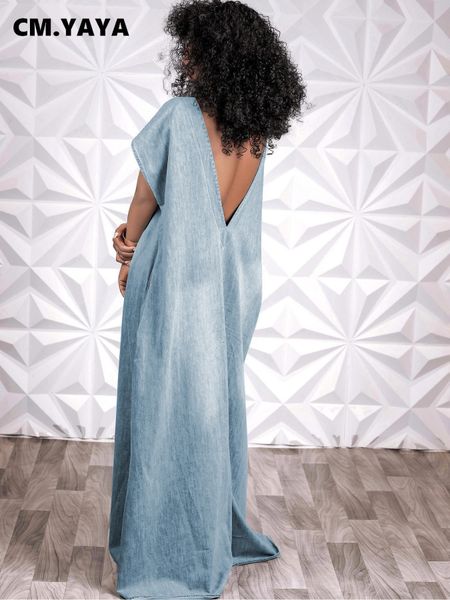 

basic casual dresses cm yaya vintage women fashion batwing short sleeve denim v back loose slim maxi long dress 2023 high street vestido jea, Black;gray