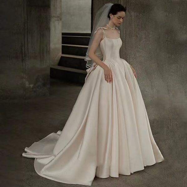 

2023 boho wedding dress satin beach bridal gown custom made a-line bride dresses princess bridal ball gowns plus size country vintage lace, White