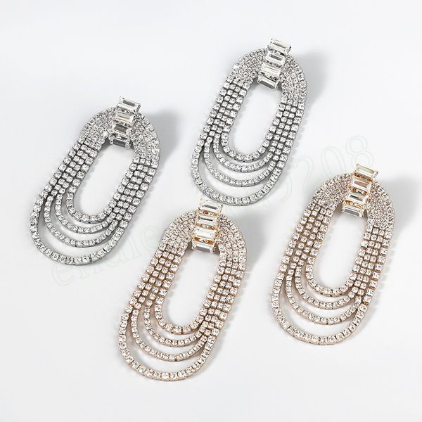 

shiny rhinestone multi-layer long tassel pendant women's earrings party wedding fashion luxury jewelry accessories, Silver