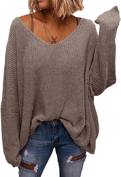 

womens v neck long sleeve knit loose oversized pullover v neck, White;black