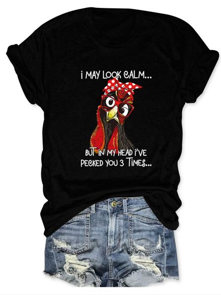 

cartoon hen print solid t shirt short sleeves_ yythkg, White