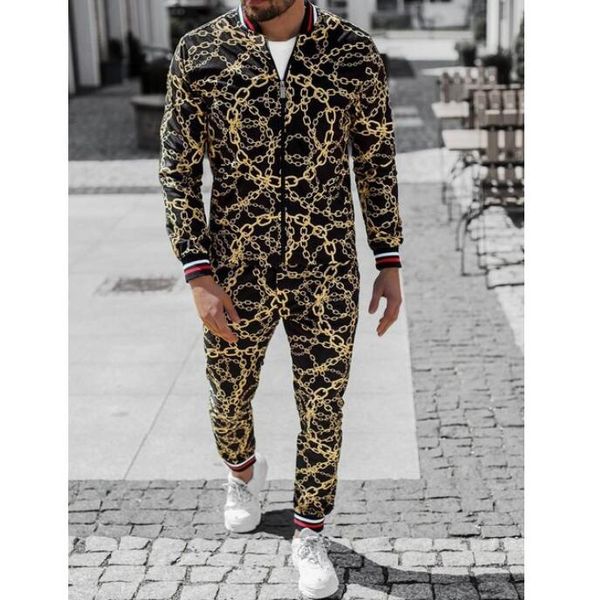 

classic men's royal print stand collar jacket tracksuits zipper jackets and sweatpants sportswear two piece set jogging casual coats su, Gray