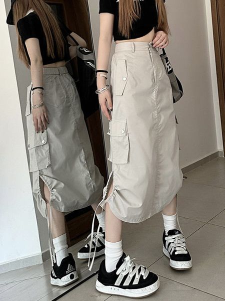 

skirts american retro streetwear cargo skirt women fashion slit hip hop midi skirts summer high waist drawstring pockets skirt 230720, Black