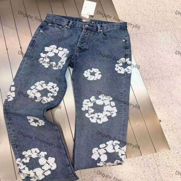

men's purple jeans high street denim tears style kapok washed straight jeans men's fashion vintage loose pants c23, Blue