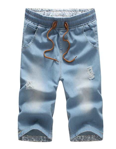 

men039s jeans whole 2022 men short brand cotton straight ripped holes knee length shorts jean elastic denim summer style5608956, Blue