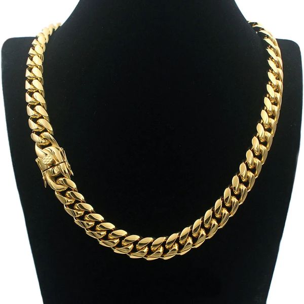 

men cuban chain necklace stainless steel jewelry high polished hip hop curb link double safety clasps 18k stamped 14mm from 18inch to 30inch, Silver