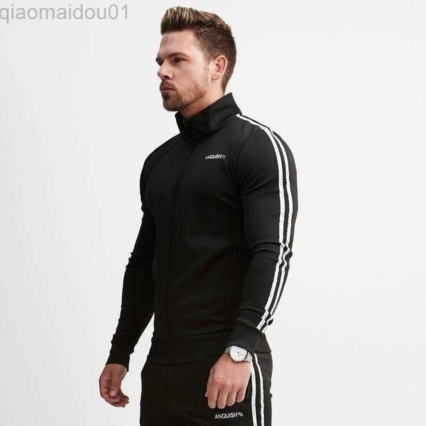 

men's hoodies sweatshirts mens gyms cotton stripe casual stand collar hoodie sweatshirt fitness workout zipper coat male slim hooded ja, Black
