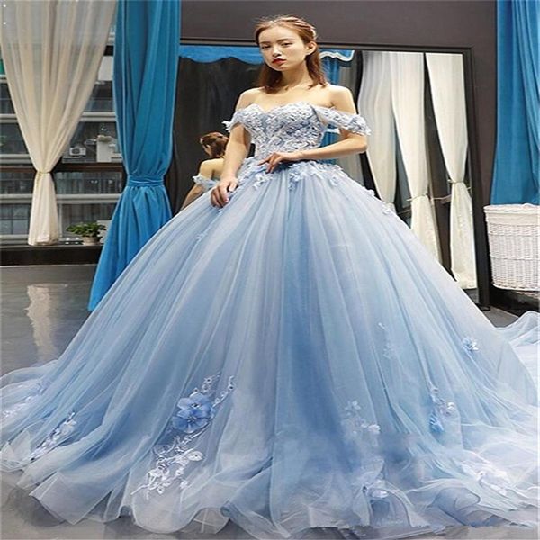 

sky blue princess quinceanera dresses ball gown off shoulder 3d flowers appliques sweet 16 evening dresses prom party gowns vestid229z, Blue;red